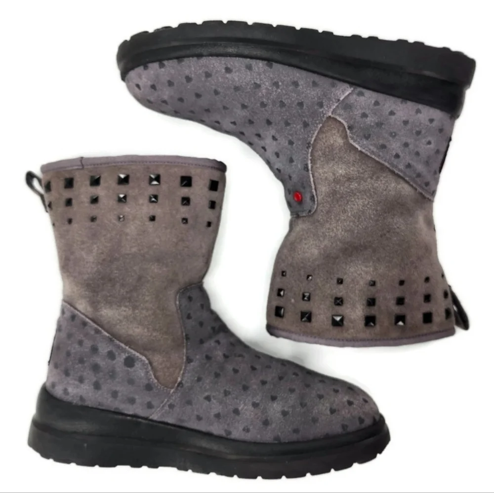 UGG I Heart Rock 'N Roll Grey Printed Hearts Black Studded Pull-On Short Boots